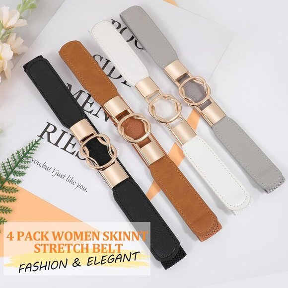 Women Skinny Stretch Waist Belt Set of 4 with Gold Buckle for Dresses Casual main image 6